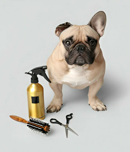 perro Bulldog francés junto a tijeras, atomizador y cepillo